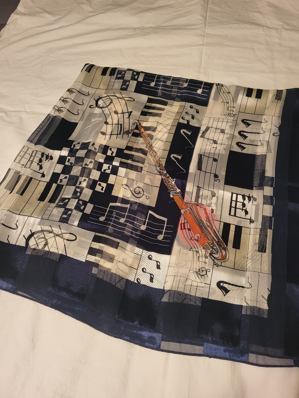 Vintage SCARF LARGE SILK SQUARE BLACK WHITE RED JAZZ MUSIC INSTRUMENTS